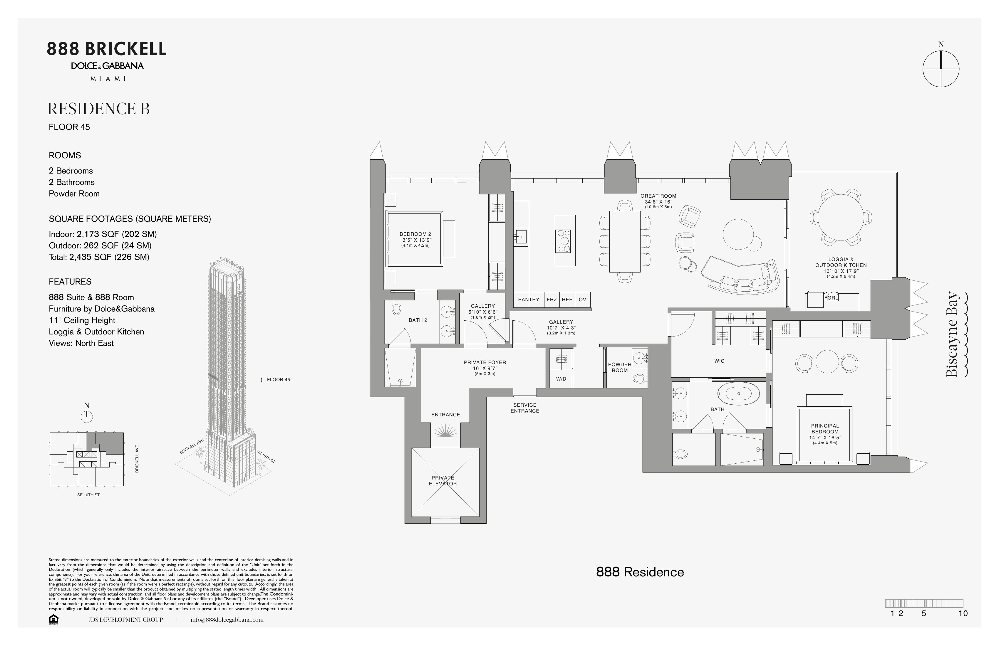 888 Brickell Residence 44B Floor Plan - Full 2 Bedroom Configuration
